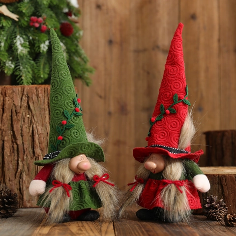 Poupée en Peluche Nain de Noël Scandinave sans Visage Décoration Rouge Vert Gris Chapeau Pointu avec Vigne de Baies Maison