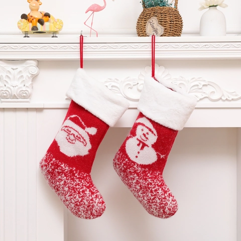 Grande Chaussette de Noël en Tricot Motif Père Noël Bonhomme de Neige Rouge Blanc Fausse Fourrure Sac Cadeau Déco Noël
