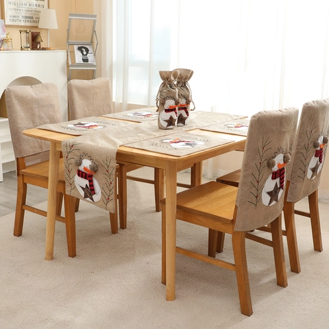Christmas Snowman Linen Table Runner Chair Cover Placemat Wine Bottle Cover Embroidery Burlap Holiday Table Decoration