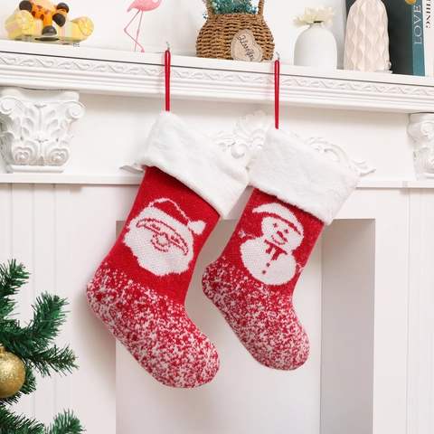 Grande Chaussette de Noël en Tricot Motif Père Noël Bonhomme de Neige Rouge Blanc Fausse Fourrure Sac Cadeau Déco Noël