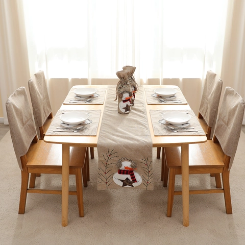 Christmas Snowman Linen Table Runner Chair Cover Placemat Wine Bottle Cover Embroidery Burlap Holiday Table Decoration
