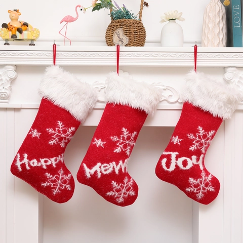 Calcetín de Navidad de Punto Con Borde de Piel Sintética Patrón de Copo de Nieve Rojo y Blanco Bolsa de Regalo Grande para Navidad Decoración de Fiesta
