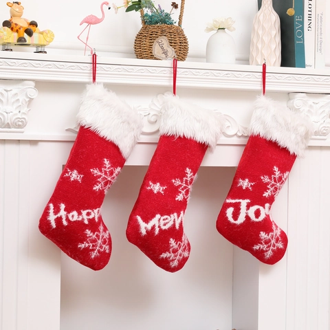 Calcetín de Navidad de Punto Con Borde de Piel Sintética Patrón de Copo de Nieve Rojo y Blanco Bolsa de Regalo Grande para Navidad Decoración de Fiesta