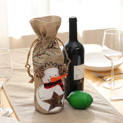 Christmas Snowman Burlap Wine Bottle Cover Embroidered Joy Star Rustic Drawstring Gift Bag For Holiday Party Dinner Decor