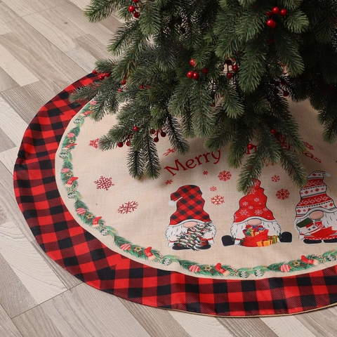 Jupe de Sapin de Noël en Toile de Jute Bordure Carreaux Buffalo Design Gnomes Décoration de Base de Sapin pour Maison