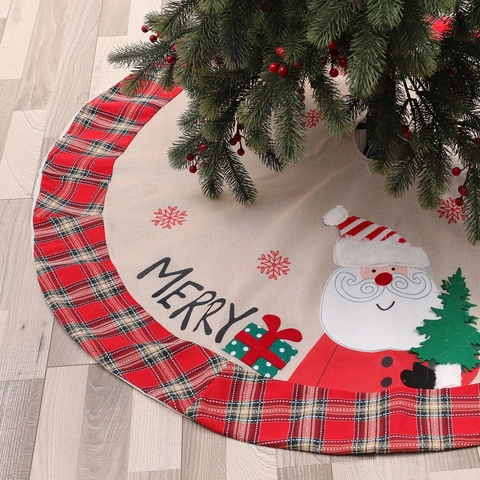 Bestickte Weihnachtsbaumdecke Aus Leinen Mit Rotem Schwarz Kariertem Rand Weihnachtsmann Schneeflocke Muster Urlaub Deko
