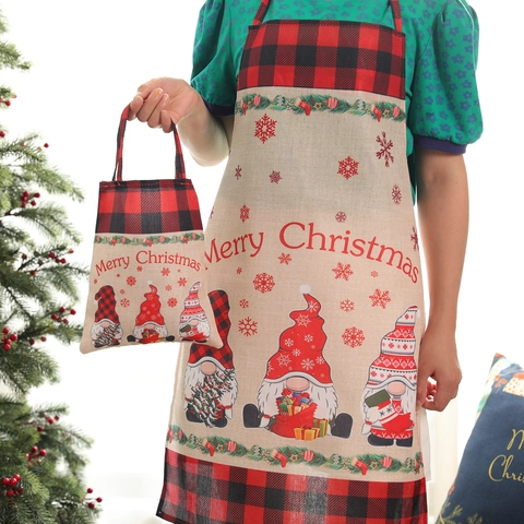 Joyeux Noël Tablier Gnome Rudolph Imprimé Carreaux Buffalo Rouge Noir Tablier de Cuisine pour Maison Fête Décoration