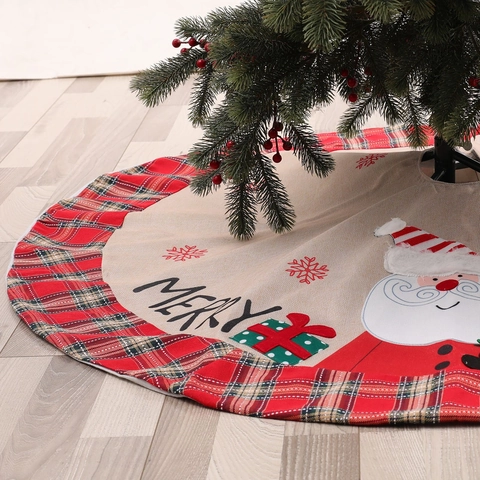 Bestickte Weihnachtsbaumdecke Aus Leinen Mit Rotem Schwarz Kariertem Rand Weihnachtsmann Schneeflocke Muster Urlaub Deko