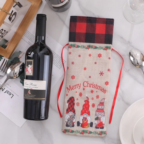 Kerst Wijnfleshoes Kabouters Rudolph Patroon Linnen Stof Trekkoord Cadeauzakje Rood Zwart Buffalo Ruit Feestelijk Huis Tafel Party Decoratie