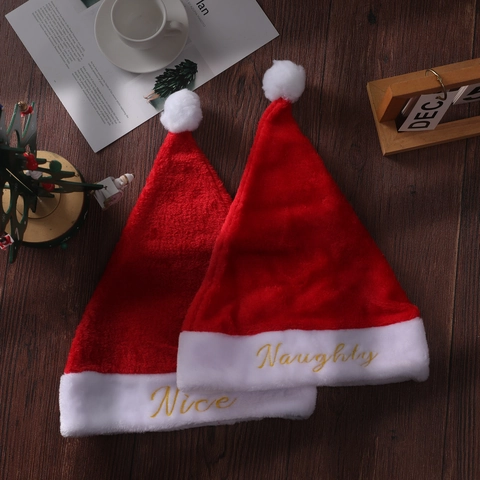 Geborduurde Pluche Kerstmuts Voor Volwassenen Rood Goud Nice Naughty Letter Kerstman Muts Feestelijke Party Kostuum Decoratie