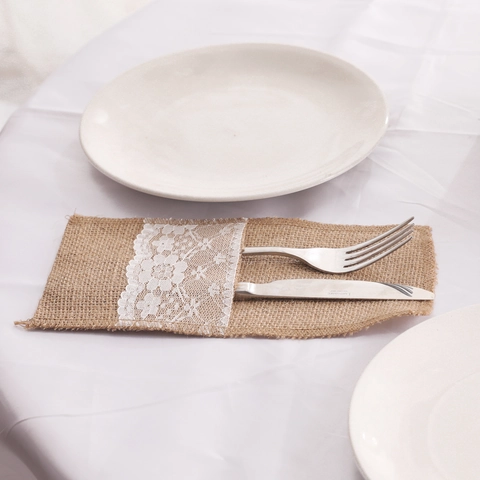 Rustic Burlap Jute Cutlery Holder with White Lace Trim Vintage Knife Fork Pouch Bag for Wedding Party Dining Table Decoration