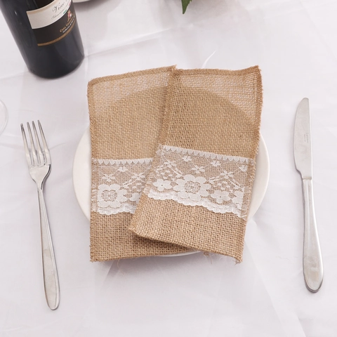 Rustic Burlap Jute Cutlery Holder with White Lace Trim Vintage Knife Fork Pouch Bag for Wedding Party Dining Table Decoration