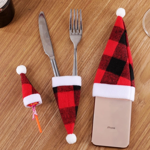 Mini-Weihnachtsmütze Besteckhüllen Buffalo Plaid Stoff Rot Schwarz Klein Mittel Groß Tischdeko Partyartikel