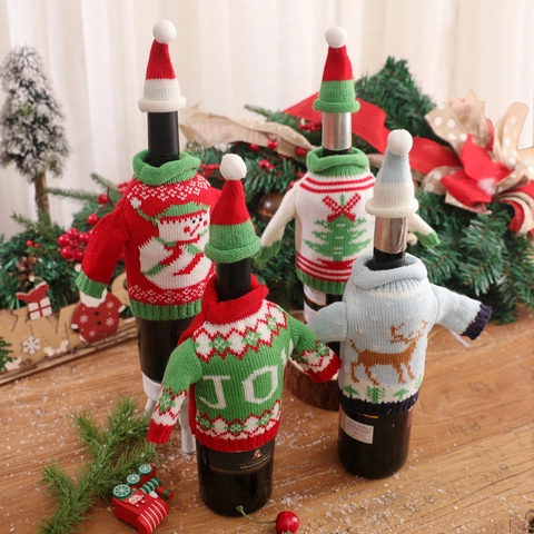 Christmas Knitted Wine Bottle Cover Mini Sweater And Hat Snowman Reindeer Christmas Tree Joy Design Holiday Party Supplies