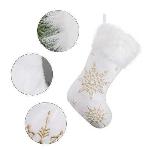 Calcetín de Navidad Grande de Terciopelo Blanco Con Puño de Piel Sintética Copo de Nieve Bordado Perla Artificial Calcetín de Regalo Colgante