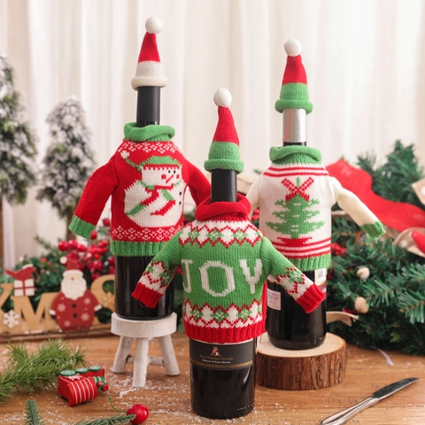 Christmas Knitted Wine Bottle Cover Mini Sweater And Hat Snowman Reindeer Christmas Tree Joy Design Holiday Party Supplies