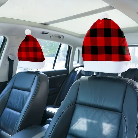 Copri-poggiatesta per Auto Natalizi con Motivo Buffalo Plaid a Forma di Cappello di Babbo Natale Decorazioni per Interni Sedili Auto in Tessuto a Scacchi