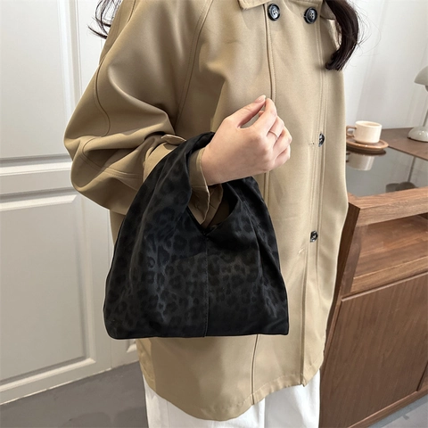 Damen Koreanischer Leopardenmuster Handtasche Knotengriff Plissiert Wildlederimitat Tote Tasche Vintage Lässig Top Handle Bag