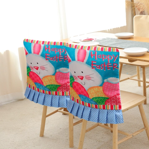 Easter Chair Cover Polyester Cartoon Rabbit Egg Print Blue Ruffle Edge Dining Chair Back Cover For Home Party Decoration