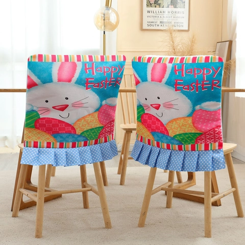 Easter Chair Cover Polyester Cartoon Rabbit Egg Print Blue Ruffle Edge Dining Chair Back Cover For Home Party Decoration