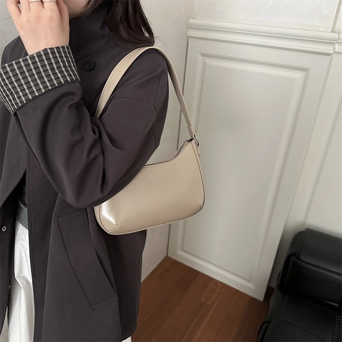 Bolso de Axila de Cuero PU Vintage para Mujer Minimalista Brillante Bolso Hobo Moda Color Sólido Bolso de Hombro Retro