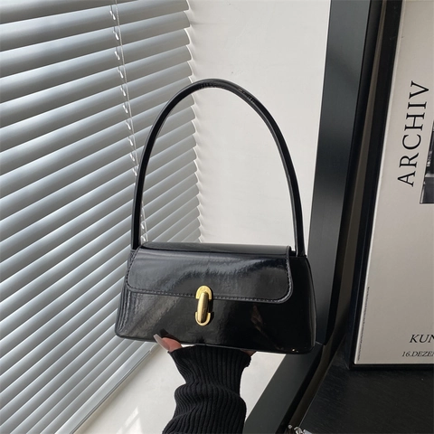 Bolso de Hombro de Axila Minimalista de Mujer en Charol de PU Brillante Con Cierre Metálico Bolso Baguette Retro de Moda Color Sólido