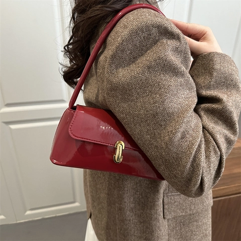 Bolso de Hombro de Axila Minimalista de Mujer en Charol de PU Brillante Con Cierre Metálico Bolso Baguette Retro de Moda Color Sólido