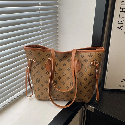 Ensemble Sac Cabas Vintage Monogramme pour Femmes Grande Capacité Sac à Épaule Pochette Cuir Synthétique Sac à Main Rétro
