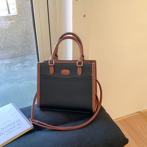 Bolso Tote de Cuero PU Vintage para Mujer Bolso de Mano Minimalista Retro Color de Contraste Bolso de Hombro Con Correa Ajustable Oficina Diario