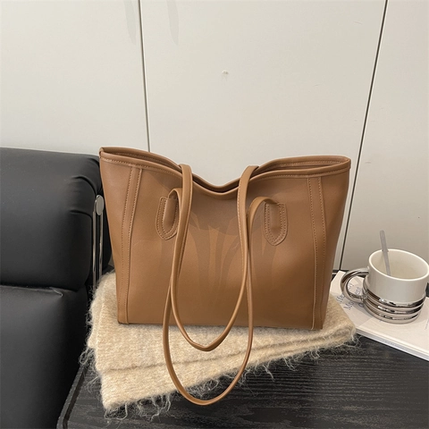 Bolso Tote Grande de Cuero PU para Mujer Bolso de Hombro Minimalista Bolso de Axila Color Sólido para Oficina Trabajo Diario Casual