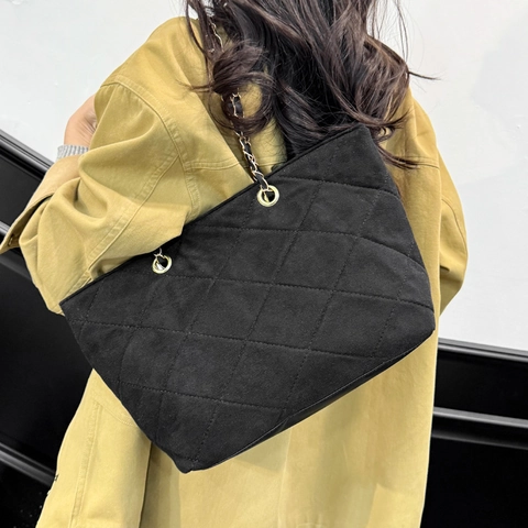 Borsa Tote da Donna a Rombi Grande Capacità in Tessuto Scamosciato Tracolla a Catena Dorata per Ufficio Pendolarismo Quotidiano