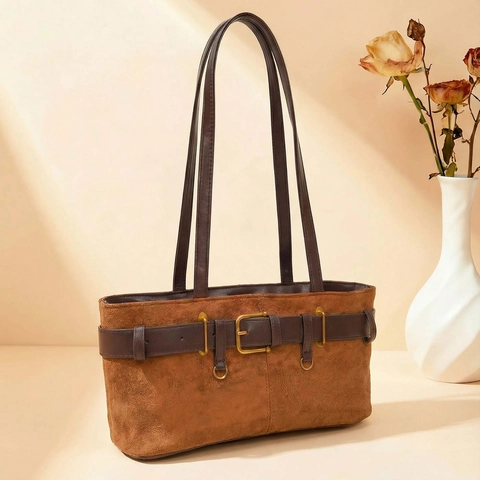 Damen Kunstwildleder Einkaufstasche Große Kapazität Vintage Schulter Achsel Tasche Mit Gürtelschnalle Pendeln Mode Handtasche PU