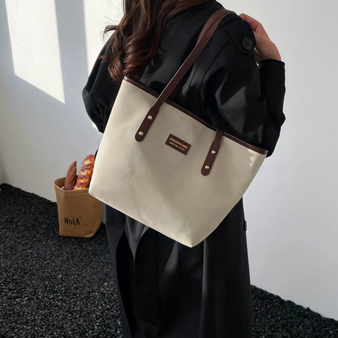Women Vintage Canvas PU Leather Patchwork Tote Bag Large Capacity Commuter Shoulder Bag Color Block Handbag Metal Buckle