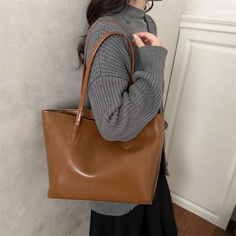 Bolso Tote de Cuero PU de Gran Capacidad Para Mujer Minimalista Color Sólido Bolso de Hombro Moda Retro Bolso de Mano Cierre Cremallera