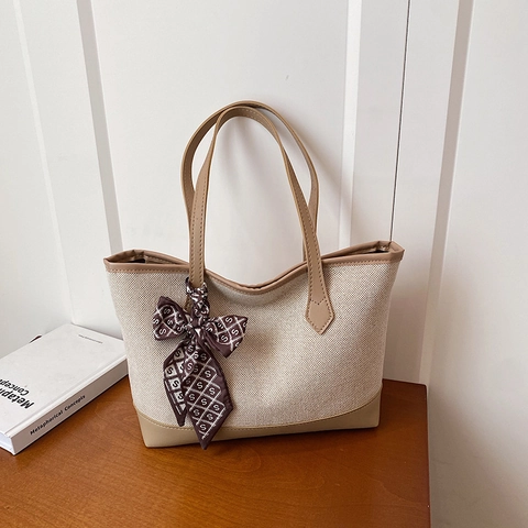 Large Capacity Contrast Color Knitted Tote Bag For Women Fashion Commuting Shoulder Bag With Silk Scarf Decor Handbag