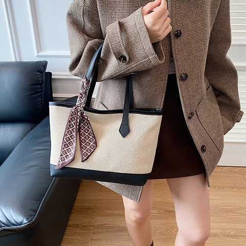 Large Capacity Contrast Color Knitted Tote Bag For Women Fashion Commuting Shoulder Bag With Silk Scarf Decor Handbag