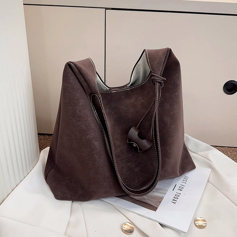 Grote Capaciteit PU Leren Schoudertas Minimalistisch Vintage Contraststiksel Onderarmtas Met Knoopdetail Woon-werkverkeer Tote Bag