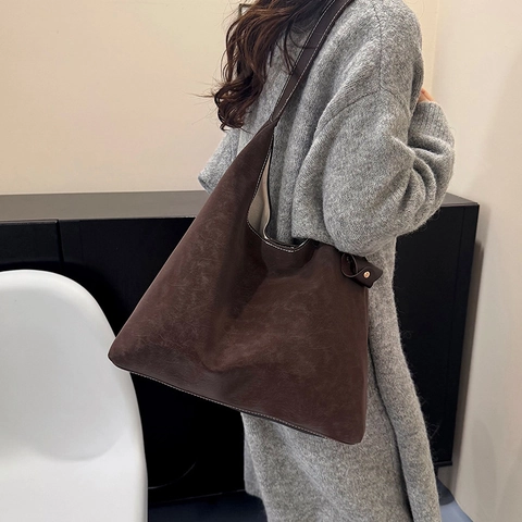 Grote Capaciteit PU Leren Schoudertas Minimalistisch Vintage Contraststiksel Onderarmtas Met Knoopdetail Woon-werkverkeer Tote Bag