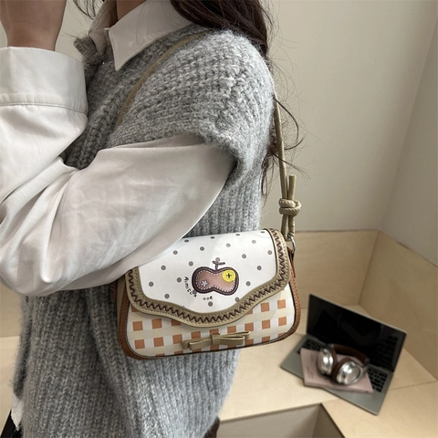 Borsa a Tracolla a Quadretti Dolce per Donna in Pelle PU con Pois Patchwork Piccola Borsa Quadrata con Decorazione Fiocco Ricamo