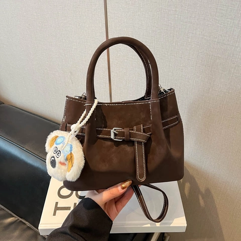 Sac Seau Vintage en Cuir PU pour Femmes Avec Surpiqûres et Détail de Boucle de Ceinture Sac Bandoulière pour Bureau Quotidien