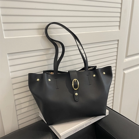 Bolso Tote de Gran Capacidad a la Moda para Mujer Bolso de Hombro de Cuero PU Minimalista Urbano para Oficina Bolso con Hebilla Metálica