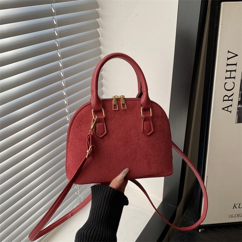 Dames Retro Reliëf Klavertje Schelptas Suède Crossbodytas Vintage Mode Handtas Top Handvat Casual Schoudertas