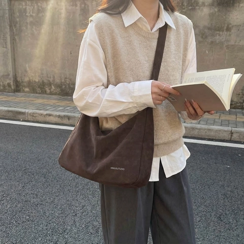 Retro Women Tote Bag Large Capacity Commuter Crossbody Bag Korean Style PU Leather Fashion Solid Color Shoulder Hobo Bag