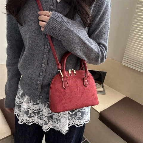 Dames Retro Reliëf Klavertje Schelptas Suède Crossbodytas Vintage Mode Handtas Top Handvat Casual Schoudertas