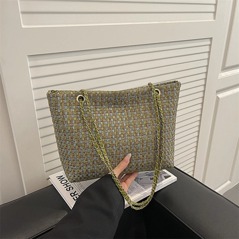 Vintage Tweed Gewebte Umhängetasche Für Damen Luxus Karo Muster Kette Schultertasche Große Kapazität Mode Tote Handtasche