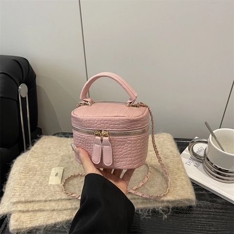 Women Crocodile Pattern Mini Crossbody Bag Vintage PU Leather Vanity Box Handbag With Chain Strap Double Zipper Fashion Tote
