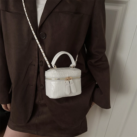 Women Crocodile Pattern Mini Crossbody Bag Vintage PU Leather Vanity Box Handbag With Chain Strap Double Zipper Fashion Tote