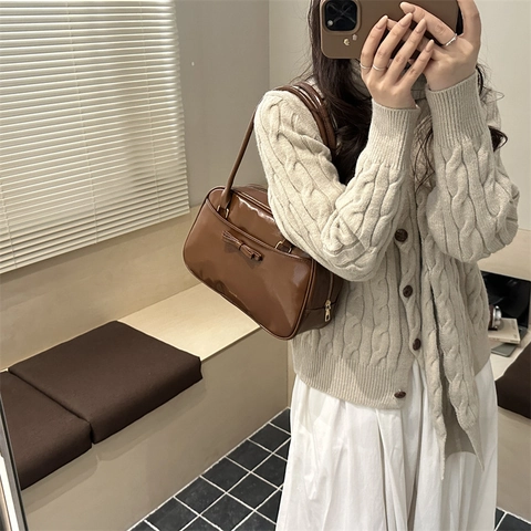 Vintage Bow Knot Women PU Leather Shoulder Bag Large Capacity Glossy Tote Bag Casual Underarm Bag Fashion Handbag For Women