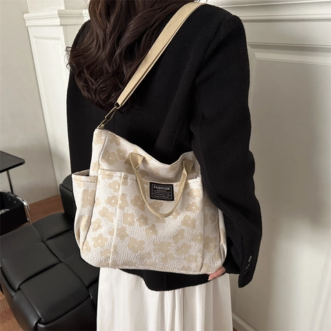 Women Floral Canvas Tote Bag Large Capacity Crossbody Shoulder Bag For Students Korean Style Jacquard Fashion Handbag