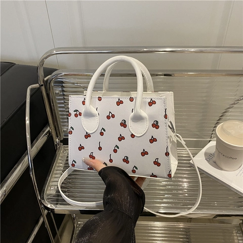 Women Stylish PU Leather Cherry Print Small Square Bag Sweet Fresh Handheld Crossbody Bag With Adjustable Shoulder Strap